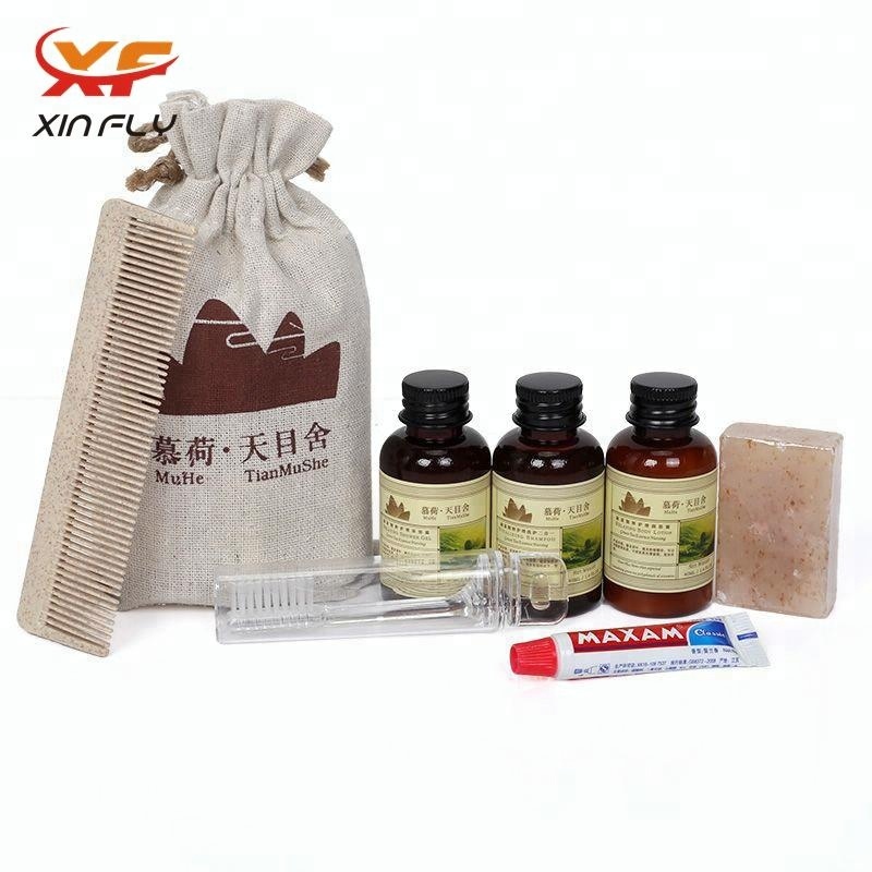 China hotel amenities factory supplies 5 star ECO luxury disposable travel hotel motel room amenities toiletries set list with logo